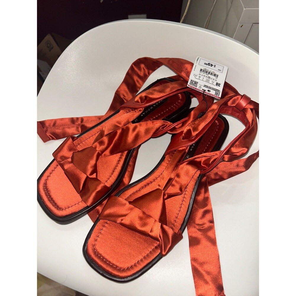 ZARA Women's NWT Satin Ankle Tie Gladiator Sandals Size 38/8 Rust Orange Boho